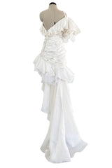 Spring 1988 Emanuel Ungaro Haute Couture Ivory Silk, Silk Net & Dotted Tulle One Shoulder Trained Mini Dress