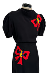 Gorgeous 1940s Unlabeled Black Crepe Dress w 3D Floral Detailed Bright Red Bow Appliques