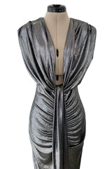 Fantastic 1990s Gianni Versace Metallic Silver Stretch Jersey Dress w Front Plunge & Long Tie