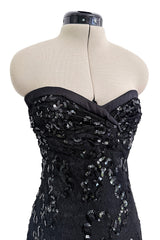Fall 1992 Emanuel Ungaro Strapless Sequin SIlk & Lace Black Dress w Fringed & Beaded Hem