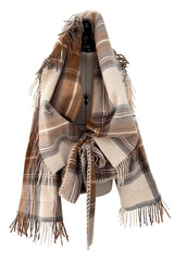 Fall 2005 Alexander McQueen Runway Look 27 Plaid Wrap Jacket w Wide Collar & Fringing