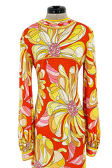 Gorgeous 1960s Emilio Pucci Brilliant Citrus Coloured Silk Jersey Dress w Huge Floral Print