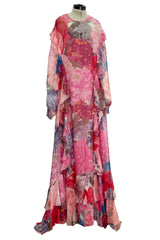 c. Resort 2020 Valentino by Pierpaolo Piccioli Ruffle Detailed Silk Chiffon Floral Caftan Dress w Tie Belt