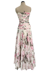 Prettiest 1970s Lanvin Couture Pastel Floral Print Strapless Silk Chiffon Dress w Balloon Sleeve Jacket