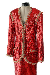Bright Red 1980s Balenciaga Le Dix Sequin Jacket & Skirt Suit w Gold Braiding & Beadwork Detailing