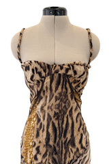 Sexiest 2003 Roberto Cavalli Laced Back Corset Leopard Print Silk Chiffon Dress w Stitched Panels