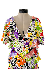 Prettiest 1970s Hollys Harp Bright Printed Silk Tiered V Front & Back Plunge Dress w Layered Tiers