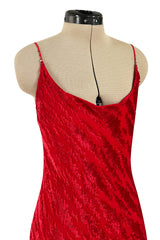 1970s Holly's Harp Red Silk Devore Velvet Dress w Silk Chiffon Layered Underskirt & Bead Details