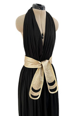 Documented 1981 Bill Tice Plunge Front Black & Gold Nylon Jersey Backless Halter Dress