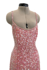 Prettiest 1980s Oleg Cassini Pink Silk Dress Covered in Iridescent Sequins w Silver Tube Bead Detailing & Trim