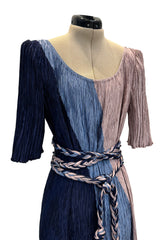 1980s Mary McFadden Couture Blue & Deep Dusky Pink Pleated Dress w Extra Long Braided Belt