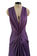 Minimalist Spring 2008 Alexander McQueen Purple Bias Cut Silk Dress w Front Plunge & Knot Detailing