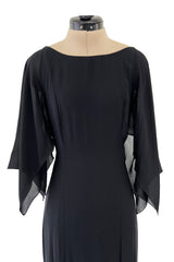 Fall 1993 Chanel by Karl Lagerfeld Black Silk Chiffon Dress w Flutter Sleeves & Low Open Back