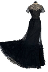 Spectacular Spring 1992 Oscar de la Renta Extremely Fine Black Lace Dress w Tiered Ruffled Full Skirt