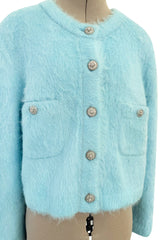 Fall 2019 Chanel by Karl Lagerfeld Pastel Baby Blue Knit Jacket w Handmade Snowflake Buttons