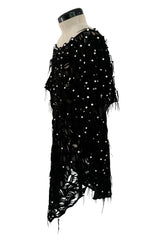 Rare 1980s Jan Faulkner Hand Made Black Suede Cut Out Mini Dress w Pearls & Fringe