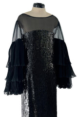 Beautiful 1980s Louis Feraud Glossy Black Sequin Silk Chiffon Dress w Tiered & Ruffled Sleeves