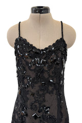 Incredible 1970s Christian Dior by Marc Bohan Demi-Couture Elaborately Beaded Black Lace Net Dress