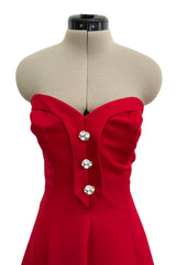 Prettiest 1980s Victor Costa Clear Red Strapless Dress w Full Skirt & Underskirts & Large Rhinestone Dome Buttons