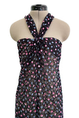 Sheer Fall 2024 Giorgio Armani Sample Deep Blue Net Dress w Embroidered Cotton Pink & Blue Flowers