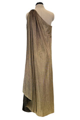 1978 Halston One Shoulder Draped Gold Metallic Jersey Dress