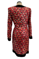 Spectacular Fall 1990 Givenchy Red Silk Organza Button Dress w Sequins & Velvet Trim &