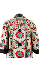 Exquisite Fall 1974 Hanae Mori Metallic Gold Brocade 3/4 Sleeve Coat w Pops of Turqoise & Red