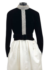 Early 1960s Harvey Berin Black Velvet & Ivory Silk Skirted Dress w Sparkling Beaded Detailing
