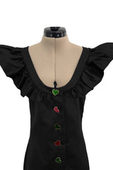 Spring 1992 Yves Saint Laurent Ad Campaign Black Dress w Green & Red Enamel Heart Buttons
