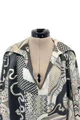 Beautiful & Rare 1970s Thea Porter Balloon Sleeve Grey Toned Printed Top w Pointed Collar