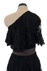 Incredible 1960s Donald Brooks Black Lace Tiered One Shoulder Jumpsuit w Wide Legs & Belt