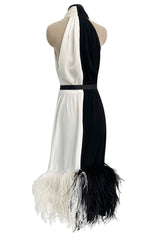1960s Harold Levine Glamorous High Contrast Black & White Dress w Feather Hem