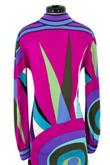 Bright 1960s Emilio Pucci Deep Fuchsia Pink & Primary Coloured Geometric Print Silk Jersey Dress