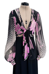 Prettiest 1970s Leonard Paris Printed Silk & Black Jersey Dress w Plunge Front & Silk Chiffon Sleeves
