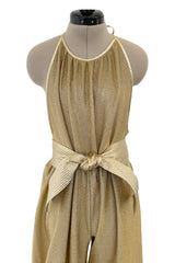 1981 Bill Tice Gold Metallic Backless Jumpsuit w Wide Balloon Legs