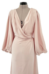Prettiest Spring 1990 Yves Saint Laurent Pale Nude Pink Silk Plunge Runway Dress w Balloon Sleeves