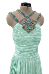 Incredible 1980s Mary McFadden Couture Pastel Teal Green Pleated Dress w Hand Beading