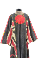 Fabulous 1960s Josefa Hand Muted Charcoal & Coral Cotton Caftan w Hand Embroidered Details