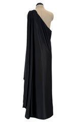 Original 1978 Halston Couture Main Label Black Jersey One Shoulder Draped Full Length Maxi Dress