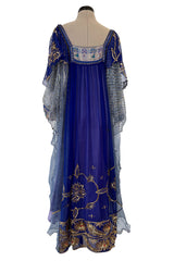 1960s Bloomingdales Label Royal Blue Silk Chiffon & Gold Thread Caftan