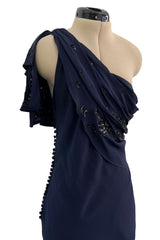 Spring 2008 Christian Dior by John Galliano Deep Blue Silk Chiffon One Shoulder Dress w Beading