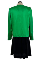 Incredible Spring 1990 Yves Saint Laurent Runway Brilliant Green Jacket w Pink Lining & Black Skirt Set