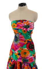 Prettiest Spring 1986 Arnold Scaasi Strapless Bright Floral Print Silk Dress