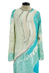 Spectacular 1983 Halston Well Documented Pastel Blues, Turquoise & Ivory Sequin Sheath Dress