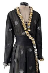 Fabulous 1960s Geoffrey Beene Black Silk Organza Dress w Metallic Gold & Silver Discs & Bead Detail