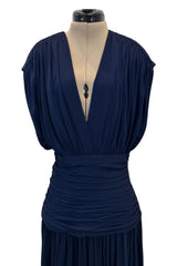 Resort 1986 Yves Saint Laurent Deep Plunge Front Blue Draped Silk Jersey Dress