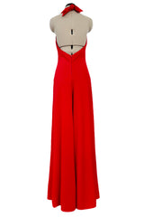 Amazing 1970s Halston Red Jersey Halter Neck Jumpsuit w Open Bare Back & Ultra Wide Legs