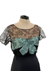 Rare 1950s Irene Lentz Black Silk Taffeta Dress w Pale Blue Ribbon & Lace Illusion Bodice