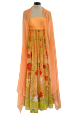Gorgeous 1970s Hanae Mori Strapless Pastel Floral Print Chiffon & Silk Dress w Shawl
