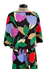 Prettiest 1970s Mr Blackwell Custom Black Jersey Dress w Bright Print & Sequin Detailing